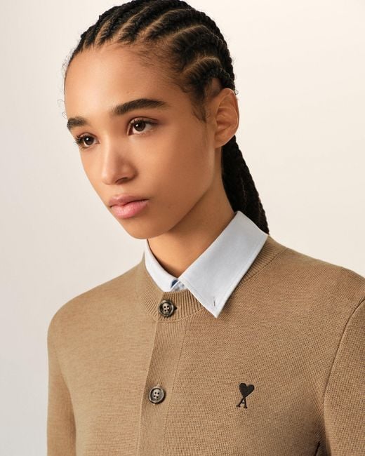 AMI Natural Crewneck Wool Cardigan With Ami De Coeur
