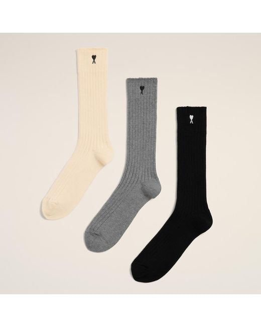AMI Natural Cotton Three-Pack Socks With Ami De Coeur