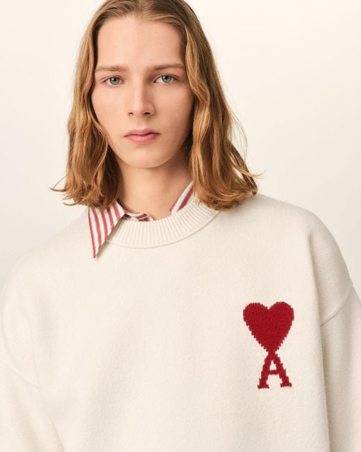 AMI Natural Crewneck Wool Sweater With Ami De Coeur