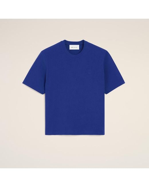 AMI Blue Cotton T-Shirt With Embossed Ami De Coeur