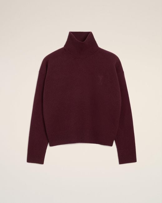 AMI Red Burgundy Wool Ami De Coeur Funnel Neck Sweater