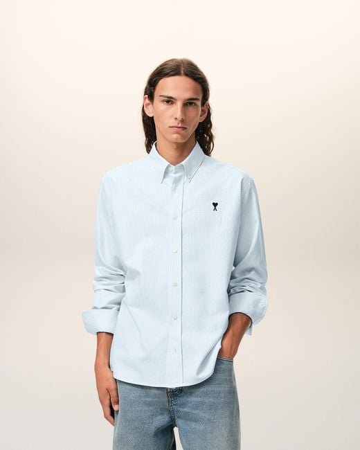 AMI Blue Stripped Cotton Shirt With Ami De Coeur for men