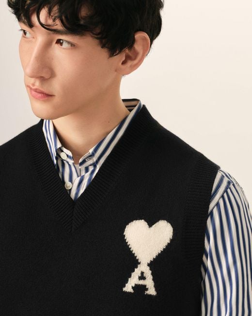 AMI Black Sleeveless Wool Sweater With Ami De Coeur