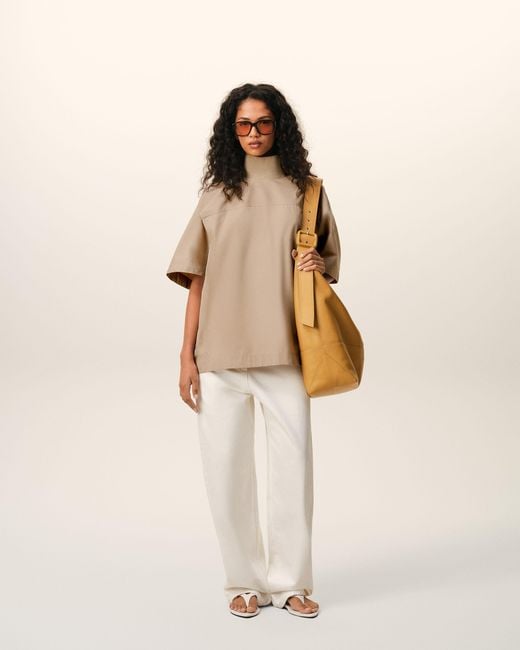 AMI Natural Cotton Stand Up Collar Buttoned Top