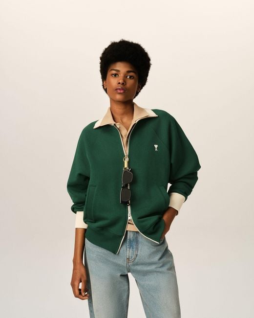 AMI Green Zipped Cotton Sweatshirt With Ami De Coeur