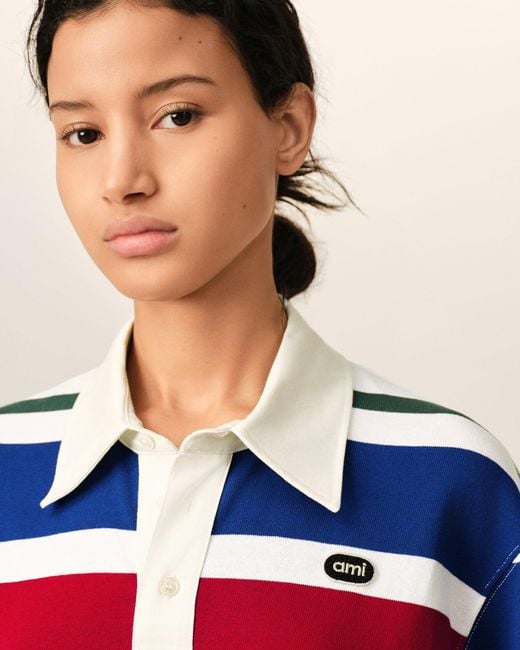 AMI Blue Striped Cotton Polo With Ami Patch