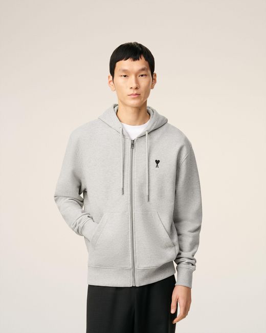 AMI Gray Zipped Cotton Hoodie With Ami De Coeur for men