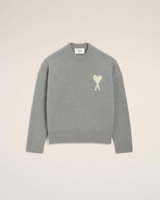 AMI Gray Intarsia-Knit Heart Logo Wool Sweater
