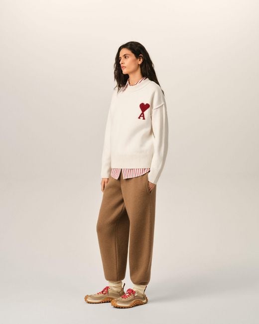 AMI Natural Crewneck Wool Sweater With Ami De Coeur
