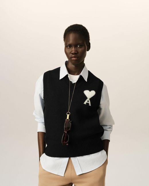 AMI Black Sleeveless Wool Sweater With Ami De Coeur