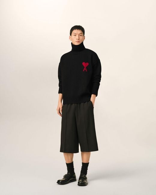 AMI Black Funell Neck Wool Sweater With Ami De Coeur