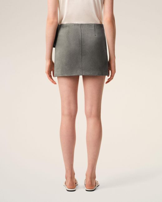 AMI Gray Goat Leather Big Buckle Belted Mini Skirt