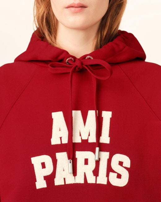 AMI Red Cotton Hoodie With Embroidery