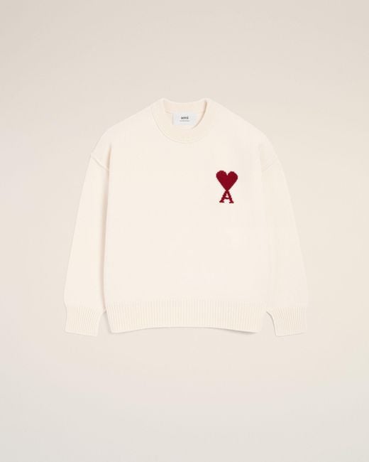 AMI Natural Wool Crewneck Sweater With Contrasted Ami De Coeur