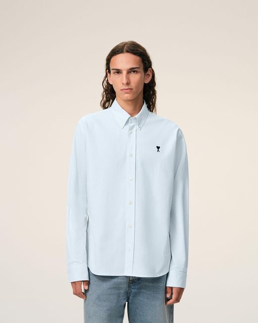 AMI Blue Stripped Cotton Shirt With Ami De Coeur for men