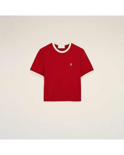 AMI Red Contrasted Cotton T-Shirt With Ami De Coeur for men