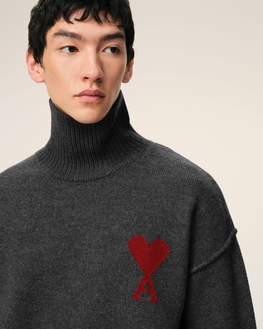 AMI Black Funell Neck Wool Sweater With Ami De Coeur