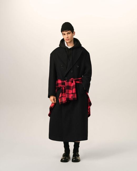 AMI Black Long Double Breasted Wool Coat for men