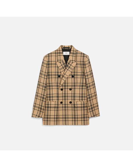 AMI Natural Wool Checked Loose Double Breasted Jacket