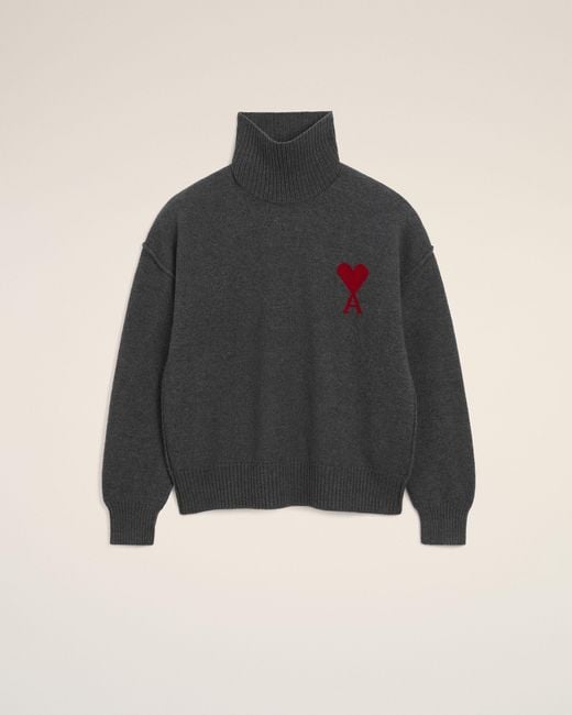AMI Black Funell Neck Wool Sweater With Ami De Coeur