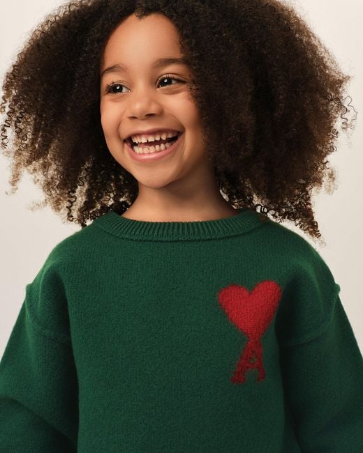 AMI Green Crewneck Wool Sweater With Ami De Coeur