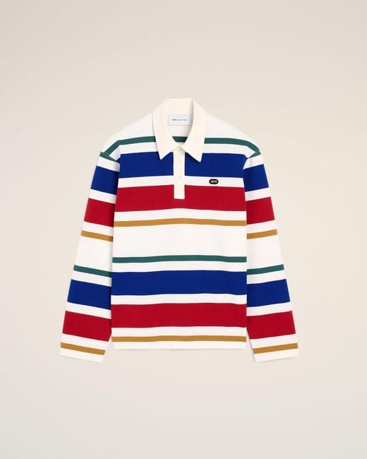 AMI Blue Striped Cotton Polo With Ami Patch