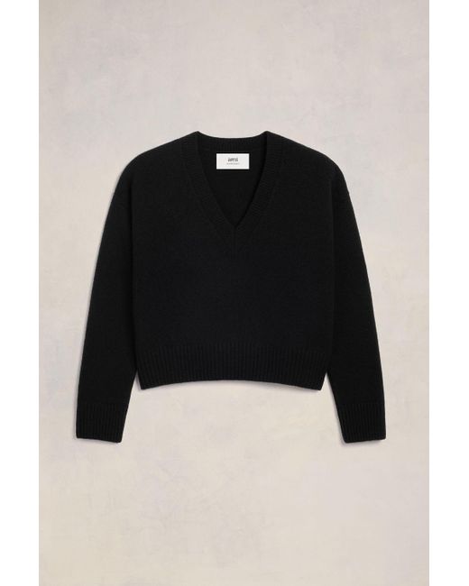 AMI Black Cropped V Neck Sweater for men