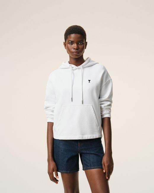 AMI Natural Cropped Cotton Hoodie With Ami De Coeur