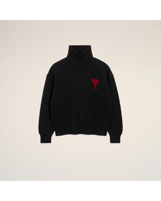 AMI Black Funell Neck Wool Sweater With Ami De Coeur
