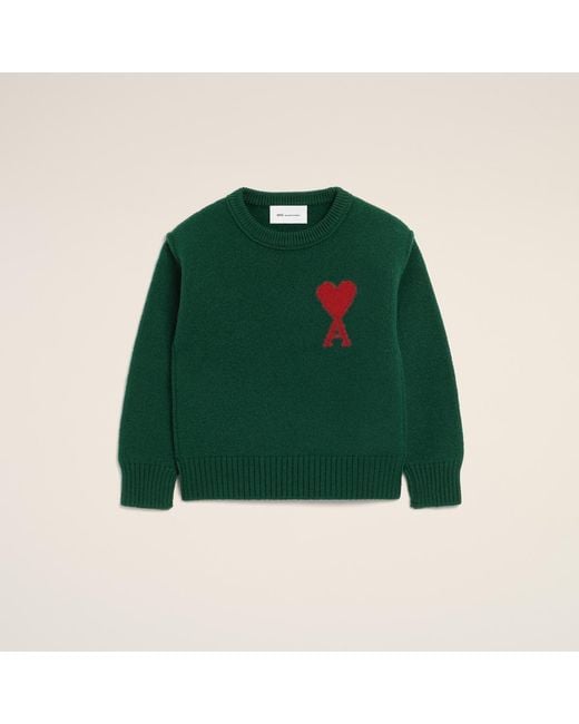 AMI Green Crewneck Wool Sweater With Ami De Coeur