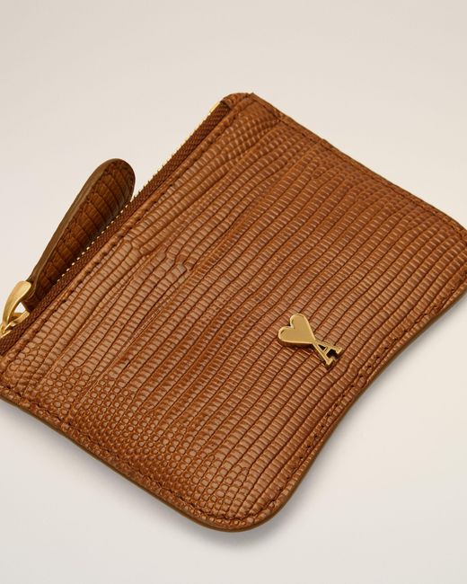 AMI Brown Lizard Embossed Paris Paris Zipped Leather Card Holder