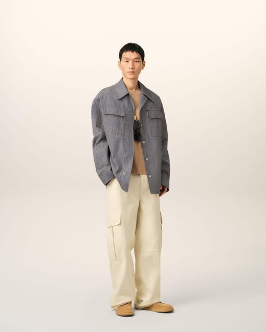 AMI Gray Striped Cotton Camp Collar Overshirt for men