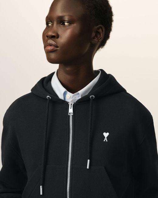 AMI Black Zipped Cotton Hoodie With Ami De Coeur