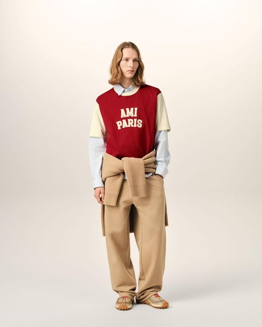 AMI Red Cotton T-Shirt With Embroidery