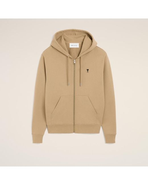 AMI Natural Zipped Cotton Hoodie With Ami De Coeur for men