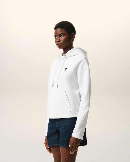 AMI Natural Cropped Cotton Hoodie With Ami De Coeur