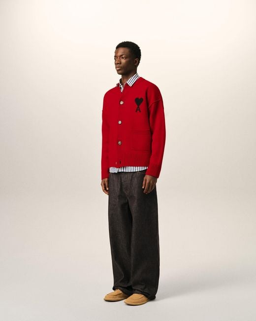 AMI Red Crewneck Wool Cardigan With Ami De Coeur
