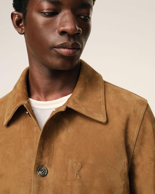 AMI Brown Goat Leather Ami De Coeur Buttoned Jacket for men