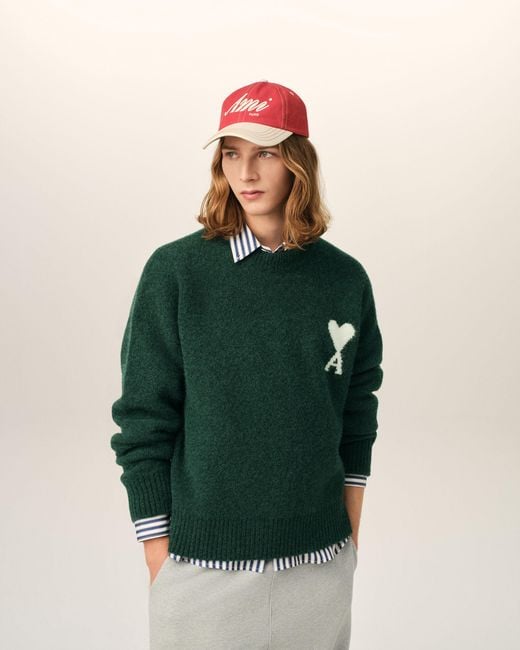 AMI Green Crewneck Alpaca Sweater With Ami De Coeur
