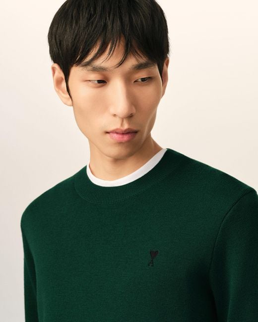 AMI Green Crewneck Wool Sweater With Ami De Coeur for men