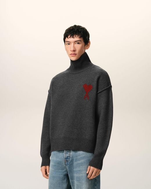 AMI Black Funell Neck Wool Sweater With Ami De Coeur