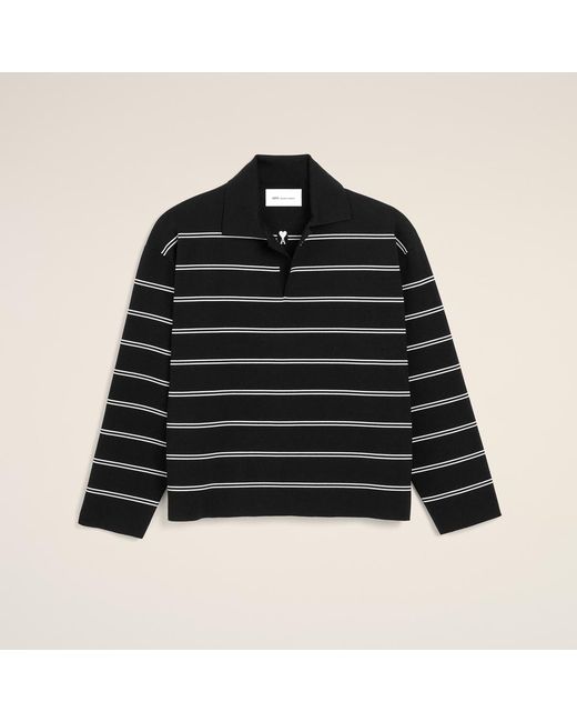 AMI Black Cotton Ami Patch Striped Polo