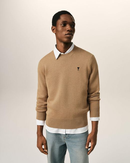 AMI Natural Crewneck Wool Sweater With Ami De Coeur for men