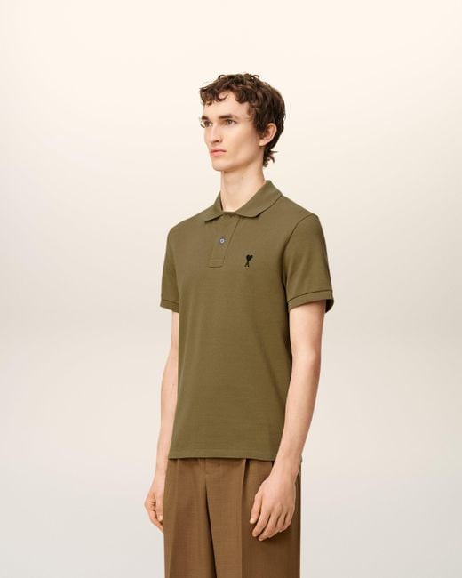 AMI Green Cotton Contrasted Ami De Coeur Polo Shirt for men