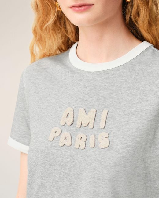 AMI Gray Cotton Knitted Patch T-Shirt