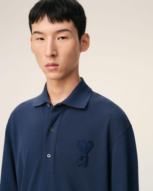 AMI Blue Cotton Ami De Coeur Knitted Patch Polo