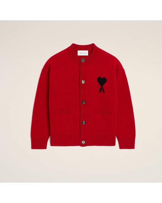 AMI Red Crewneck Wool Cardigan With Ami De Coeur