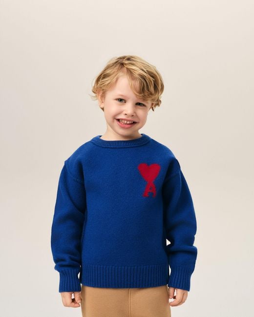 AMI Blue Crewneck Wool Sweater With Ami De Coeur