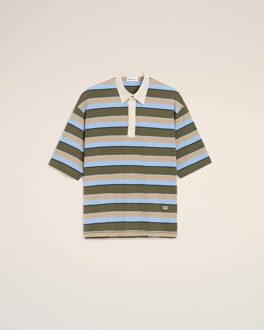 AMI Blue Striped Cotton Ami Patch Polo