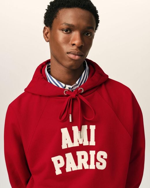 AMI Red Cotton Hoodie With Embroidery